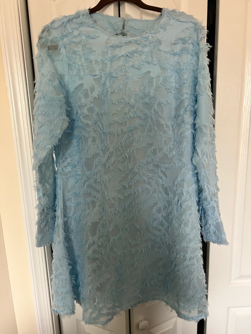 VILA Light Blue Long Sleeve Fringe-Texture Dress